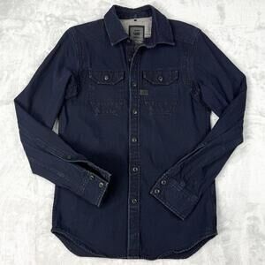 G-Star RAW Indigo Herringbone Denim Shirt Men XS Dark Wash Button Up Workwear